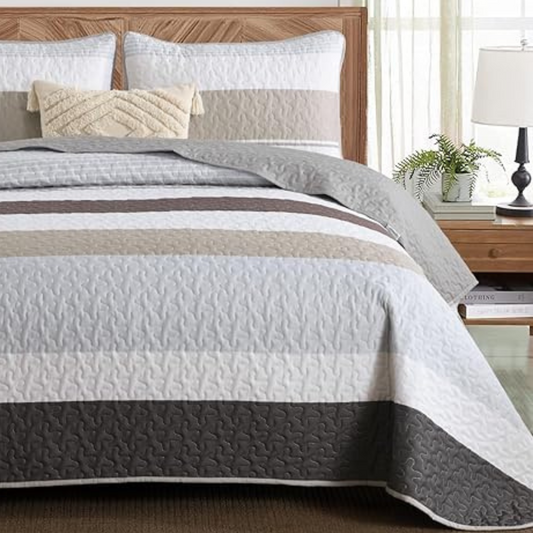 Boho Grey & Brown Stripes 3 Piece Bedding Quilt Set