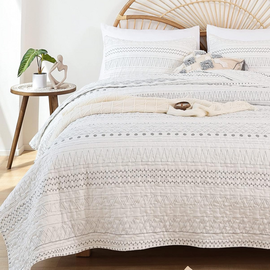 Boho Aztec White & Brownish Grey 3 Piece Quilt Set