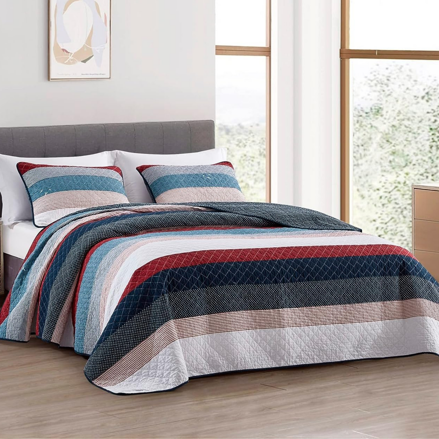 Boho Striped Red & Navy Reversible 3 Piece Bedding Quilt Set