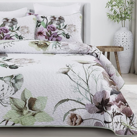 Boho Green Floral Reversible 3 Piece Bedding Quilt Set