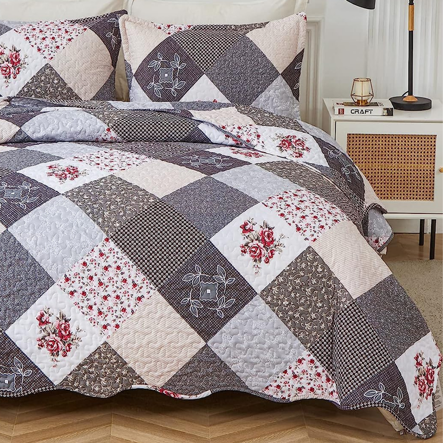 Pink Grey & Brown Floral Patchwork 3 Piece Bedding Quilt Set