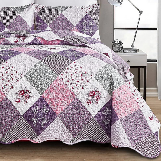 Purple Floral Patchwork 3 Piece Bedding Quilt Set
