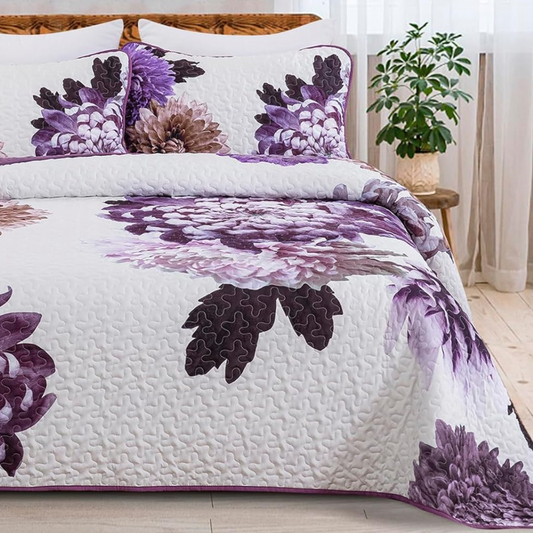 Bohemian Purple Floral Reversible 3 Piece Bedding Quilt Set