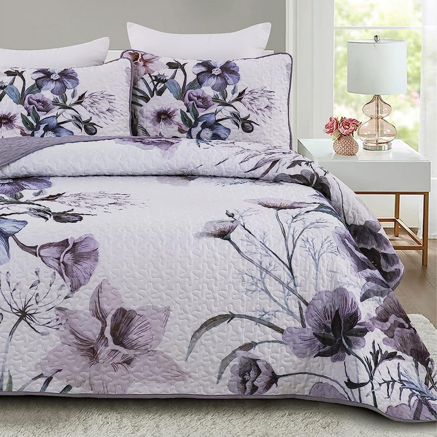 Boho Purple Floral Reversible 3 Piece Bedding Quilt Set