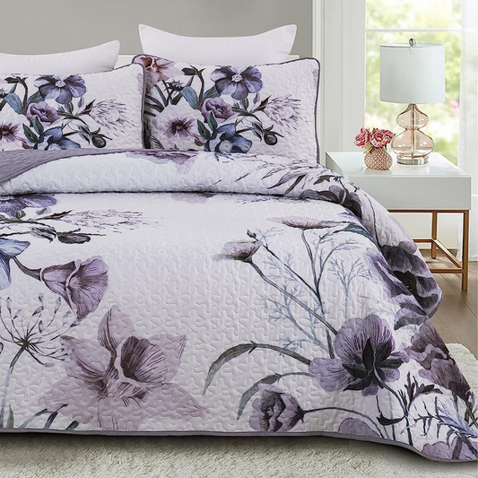 Boho Purple Floral Reversible 2/3 Piece Bedding Quilt Set