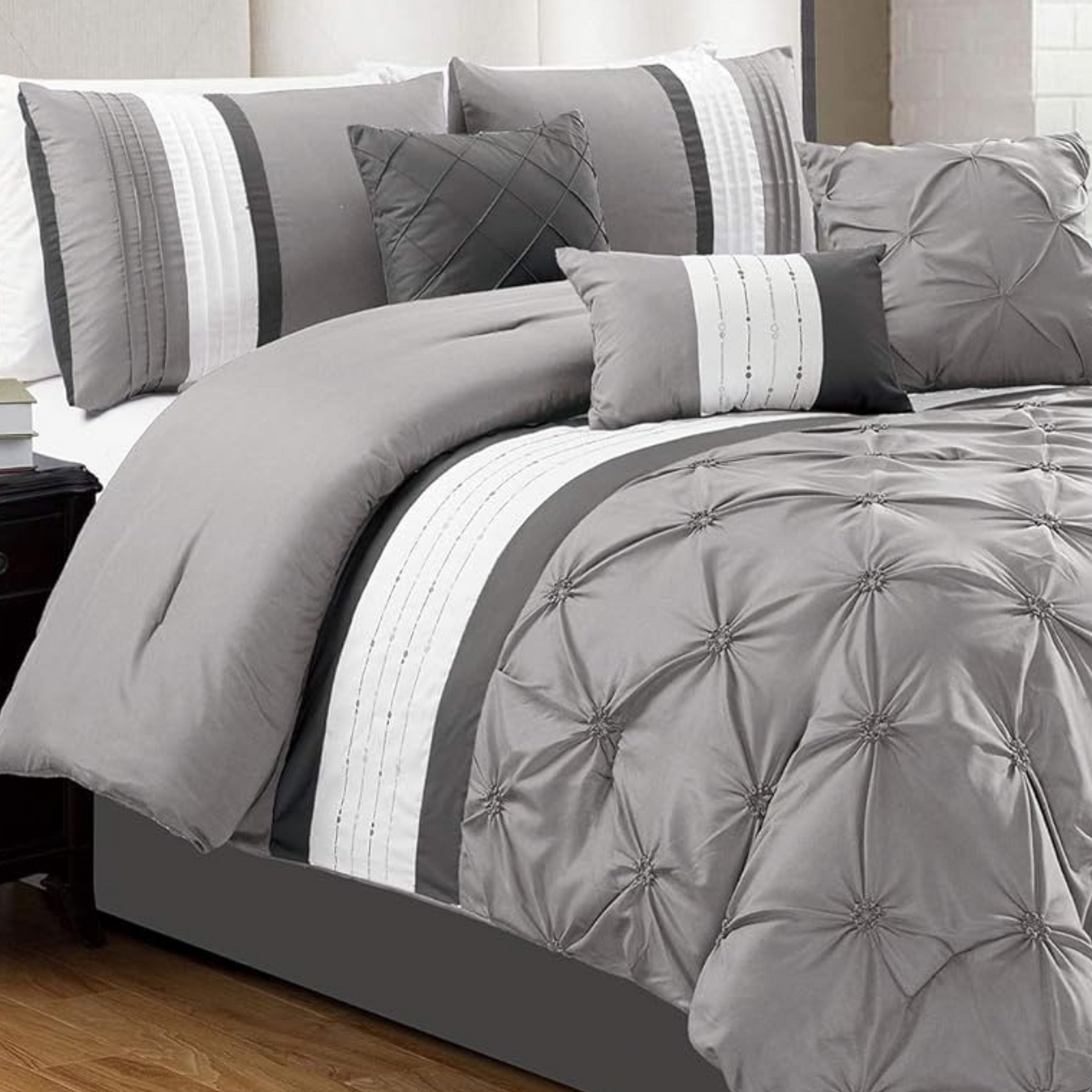 Grey 7 Piece Pinch Pleated Comforter Set (Includes 3 Cushions)