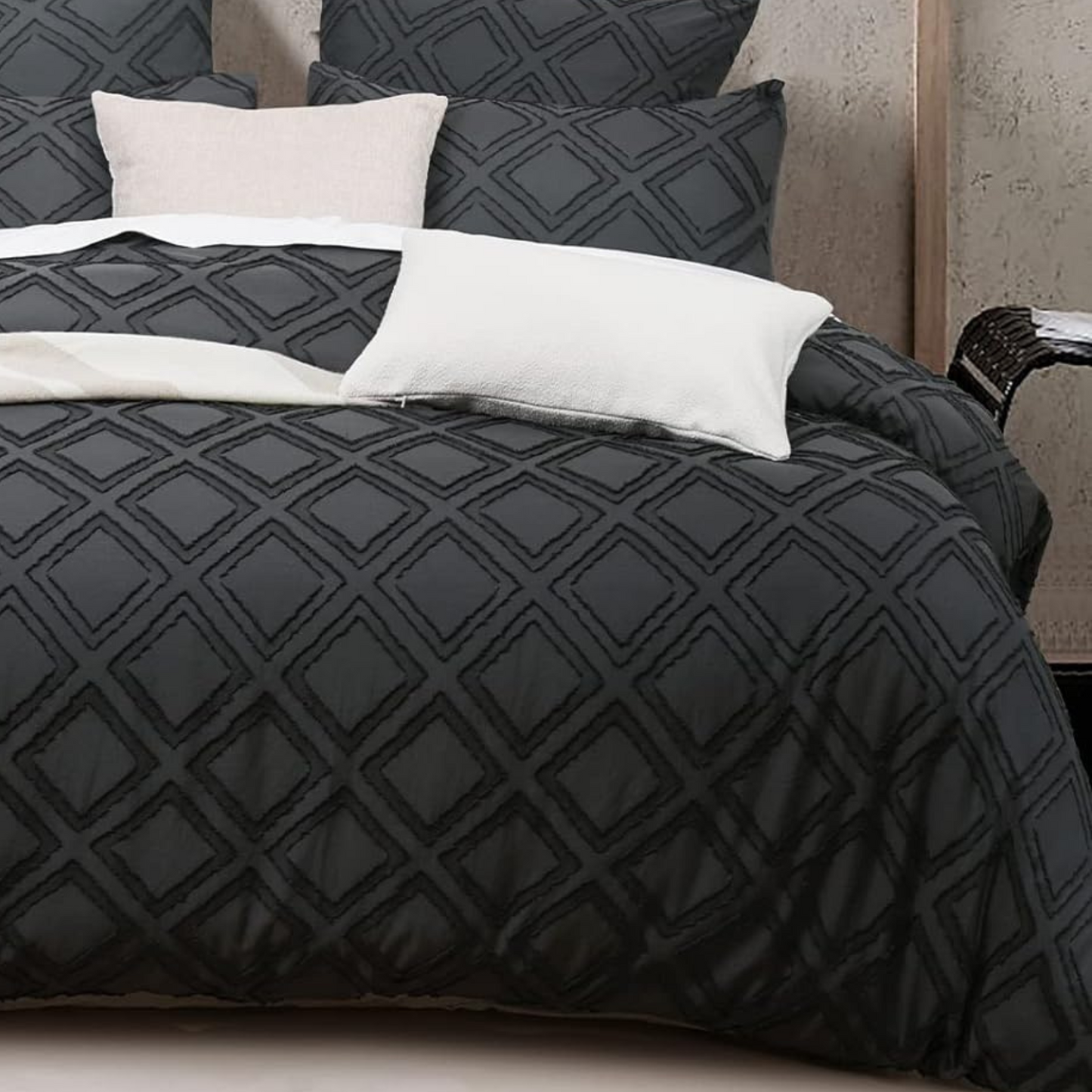 Dark Grey Diamond Tufted 3 Piece Duvet Cover Set