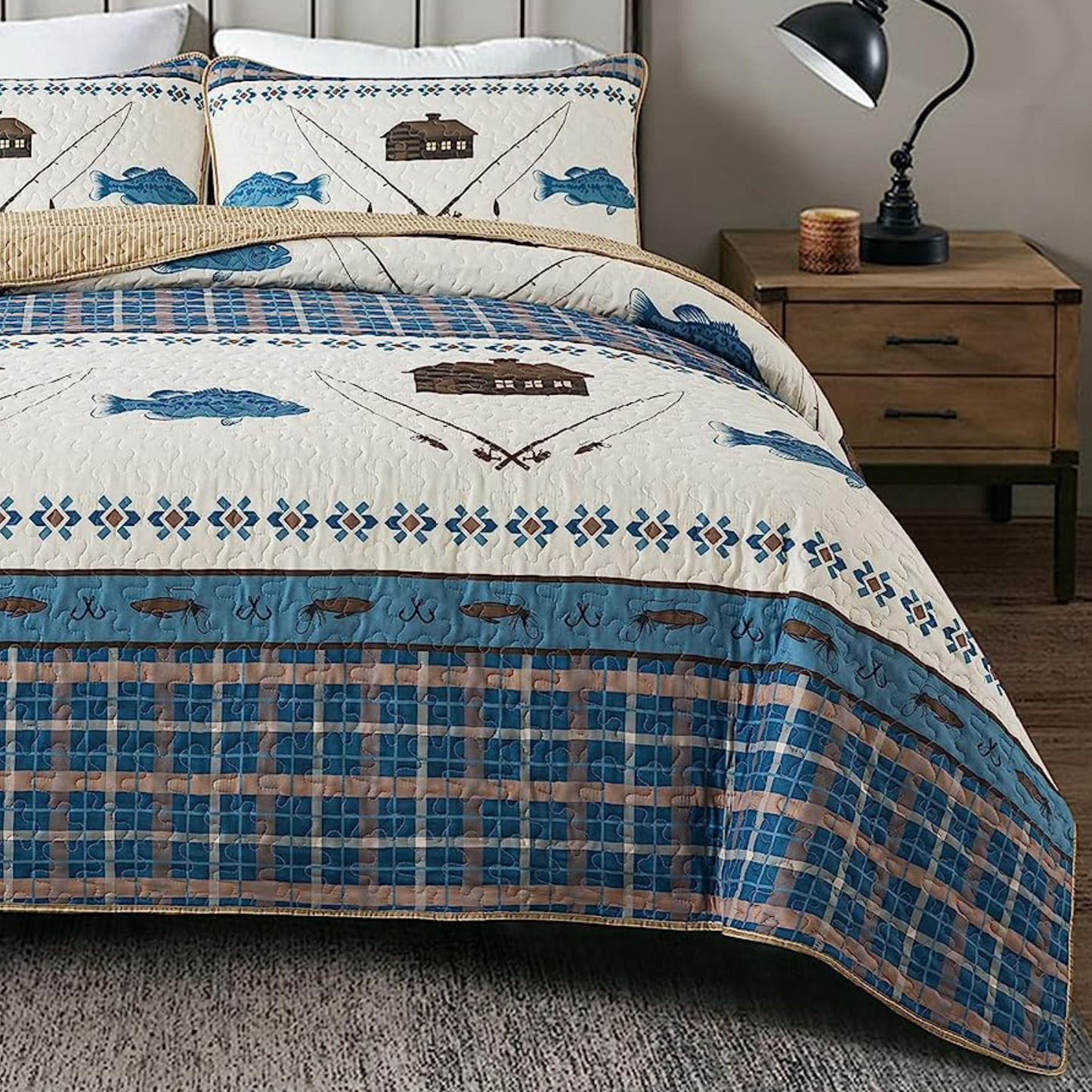 Cabin Lodge Gone Fishing Blue & Taupe 3 Piece Bedspread Set