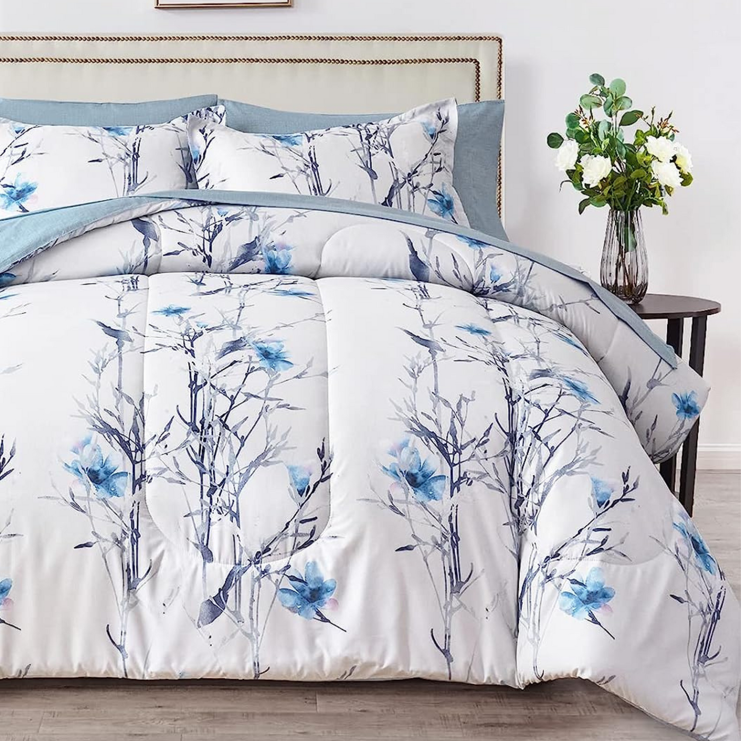 Botanical Blue Floral Branches Reversible 7 Piece Comforter Set