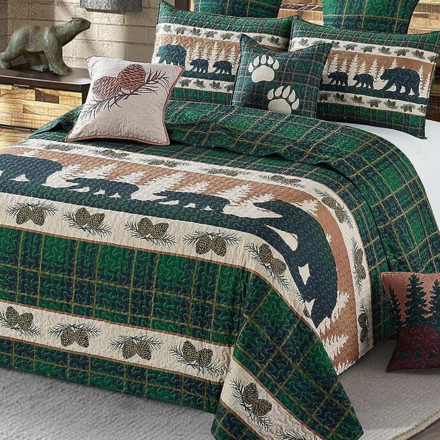 Cottage Bear Green & Brown 3 Piece Bedspread Set