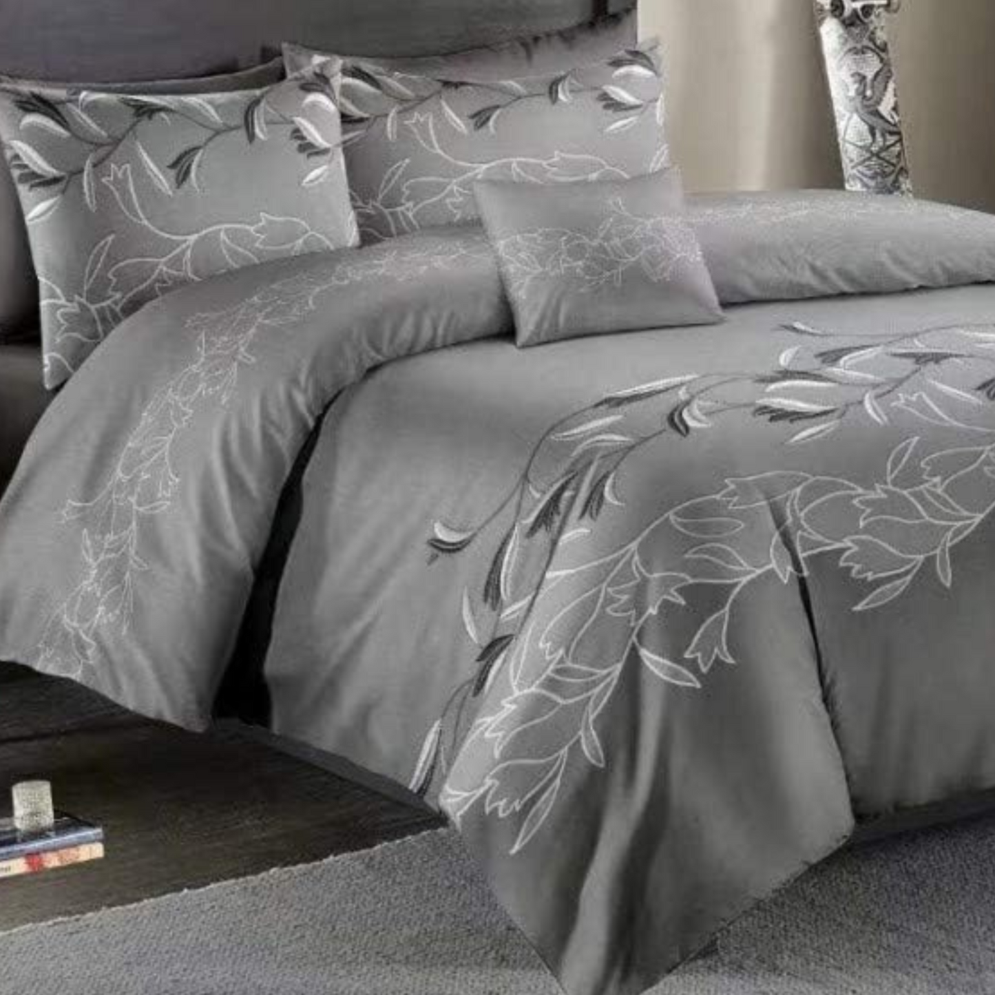 Grey Floral - 3 Piece Queen Duvet Cover Set