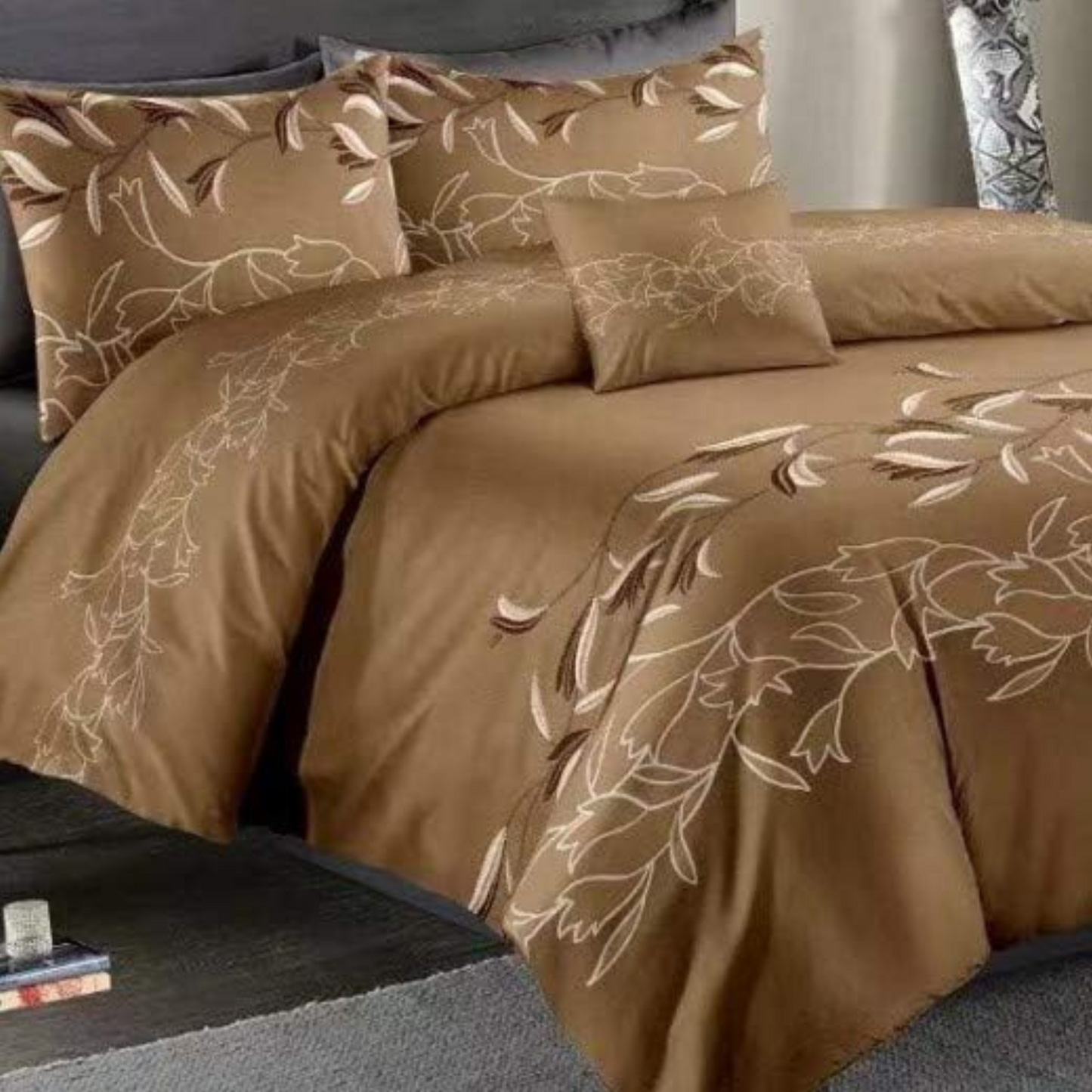 Coffee Floral - 3 Piece Queen Duvet Cover Set