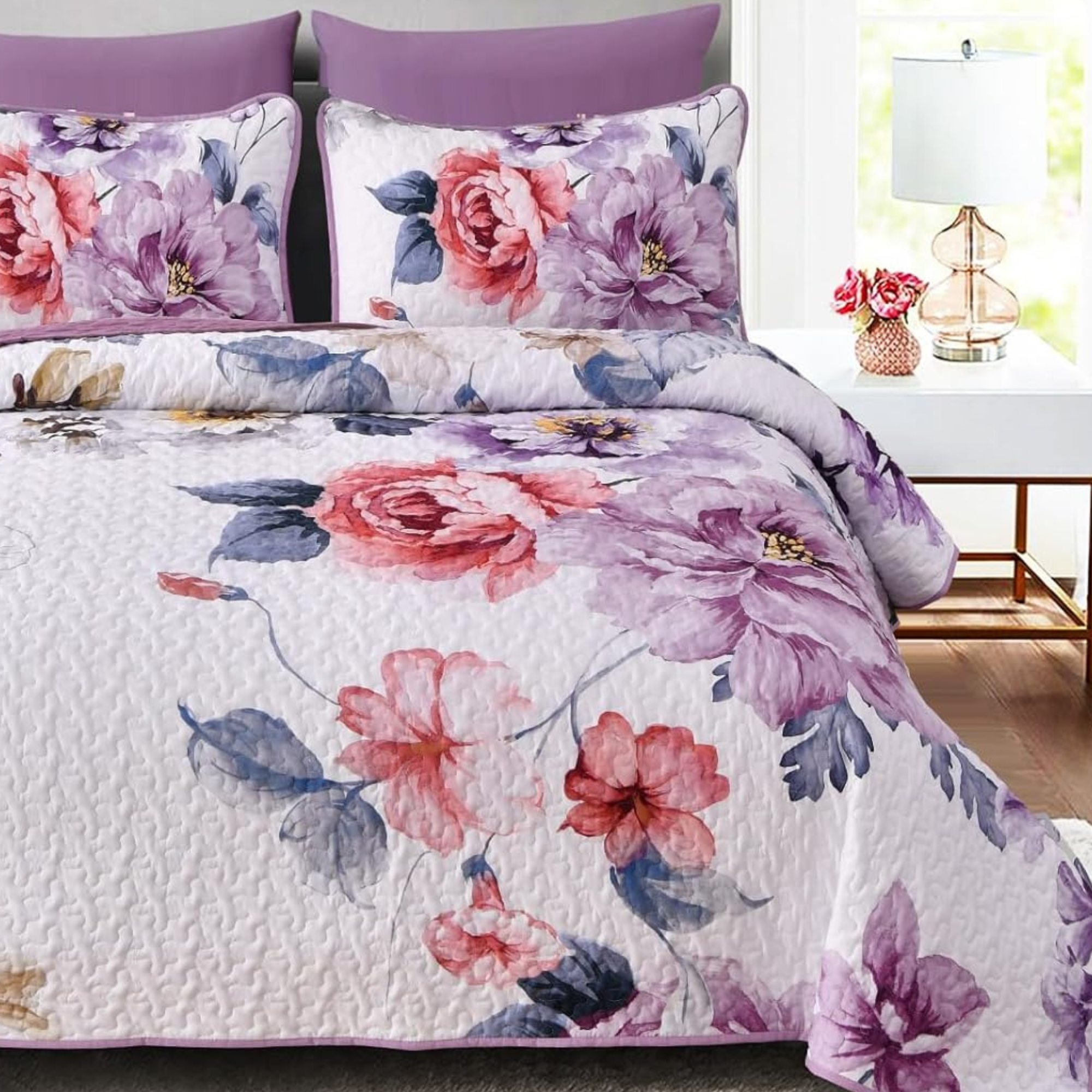 Botanical Purple Floral Reversible 3 Piece Quilt Set – DIN's Warehouse Deals