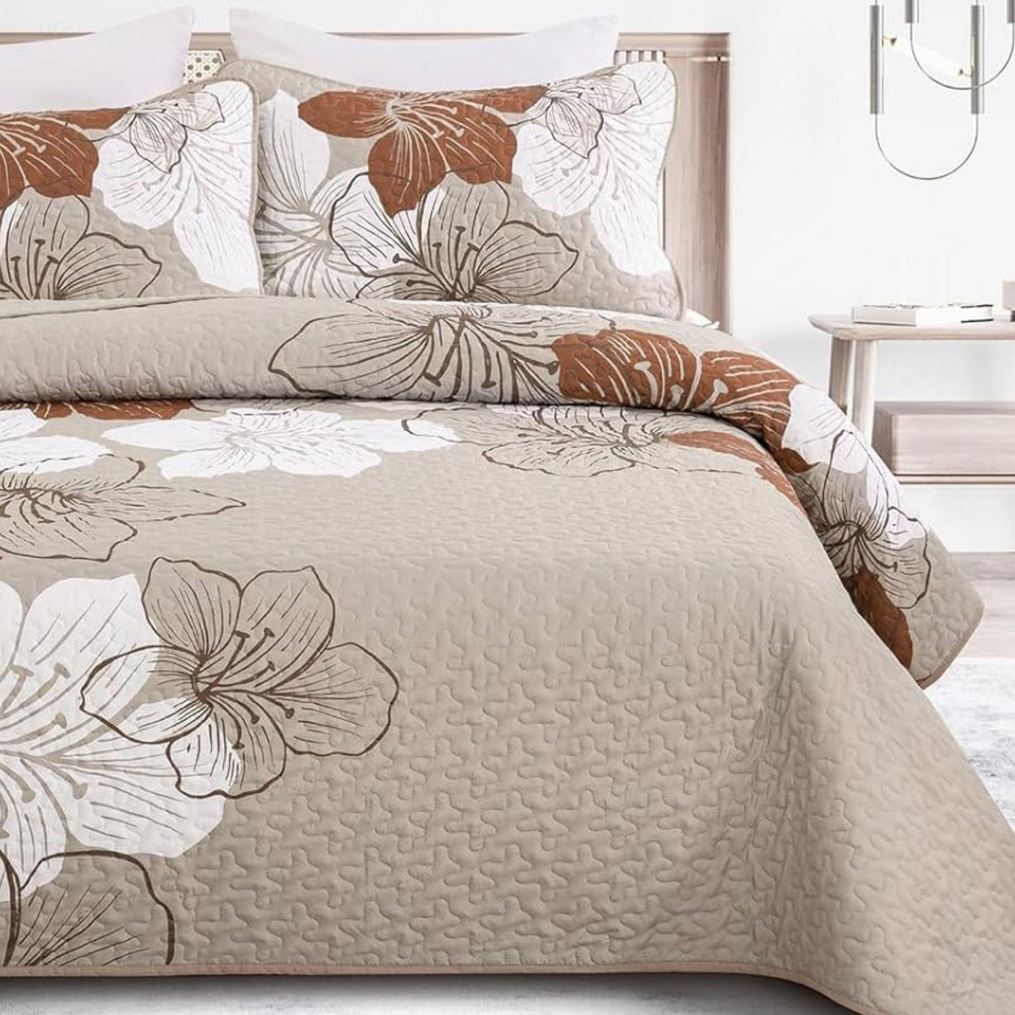 Taupe Bohemian Floral 3 Piece Bedding Quilt Set