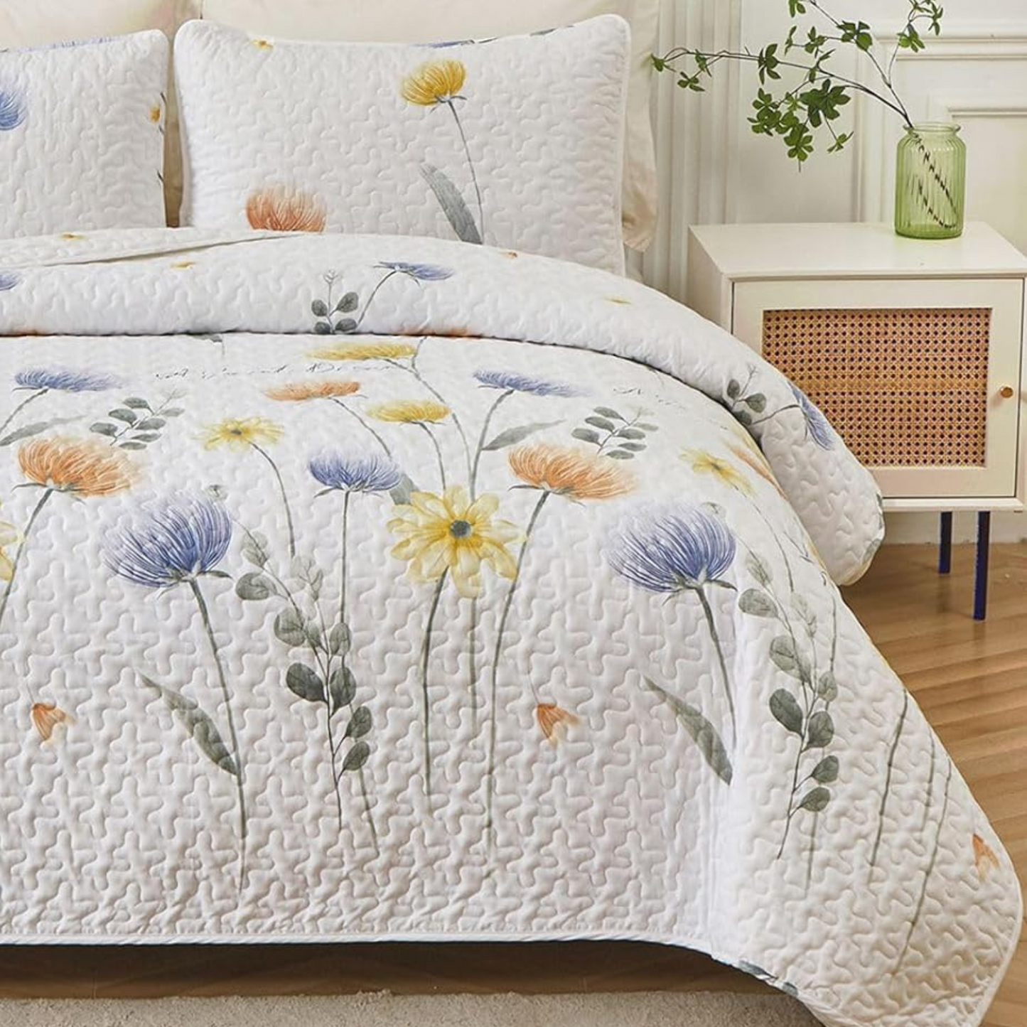 Blue & Yellow Floral 3 Piece Bedding Quilt Set