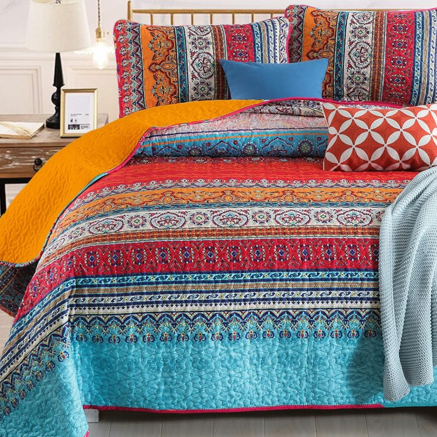 Bohemian Orange & Blue Reversible 3 Piece Quilt Set