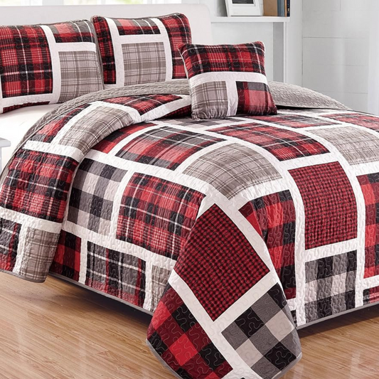 Rustic Red Grey Plaid Patchwork 4 Piece Quilt Set