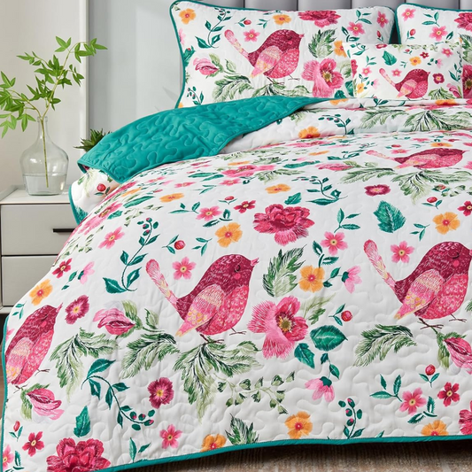 Floral Bird 4 Piece Reversible  Quilt Set