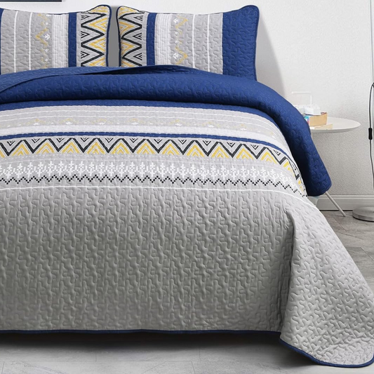 Boho Grey & Navy Blue Reversible 3 Piece Quilt Set