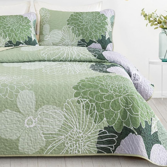 Sage Green Bohemian Floral 3 Piece Bedding Quilt Set
