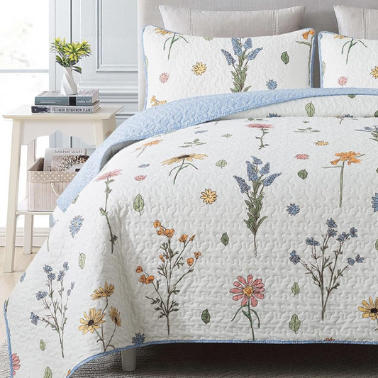 Blue Botanical Shower 3 Piece Bedding Quilt Set