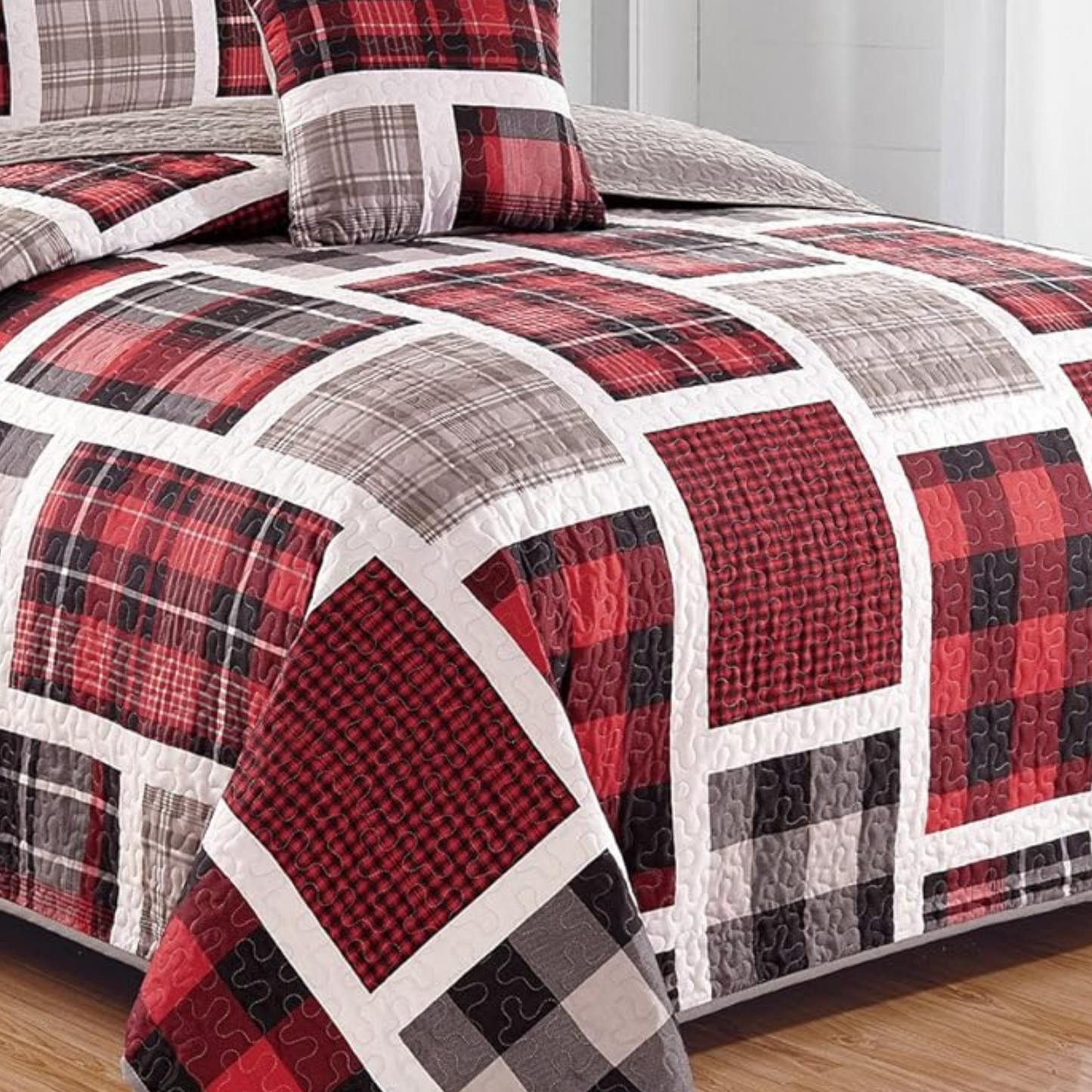 Rustic Red Grey Plaid Patchwork 4 Piece Quilt Set