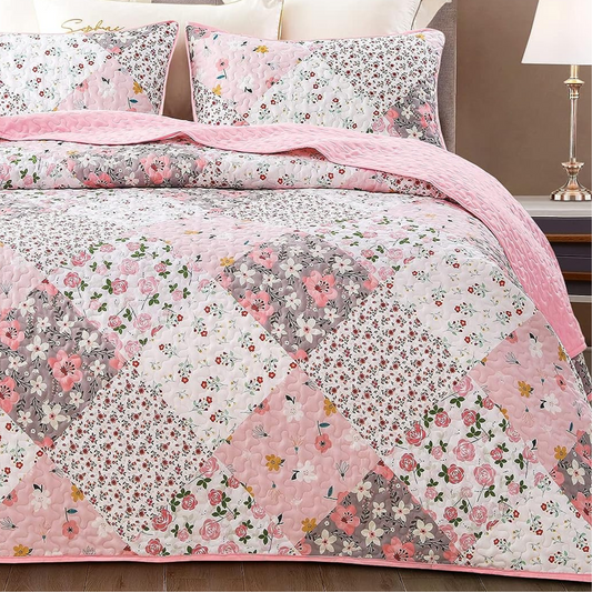 Pink Floral Patchwork 3 Piece Bedding Quilt Set