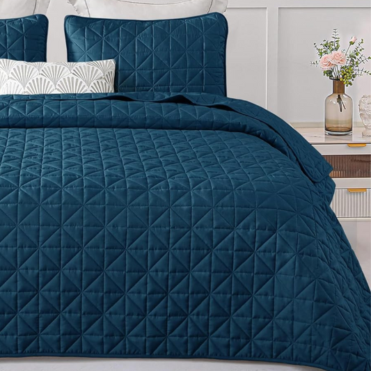 Solid Blue 3 Piece Lightweight Bedding Quilt Set