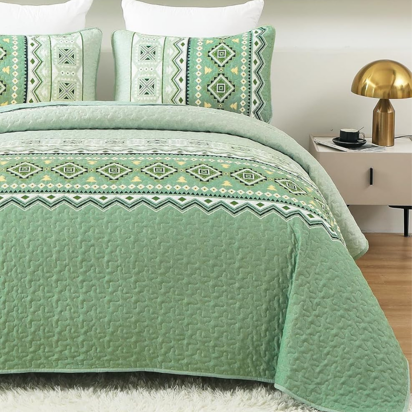Ensemble de courtepointe réversible 3 pièces Boho aztèque vert sauge