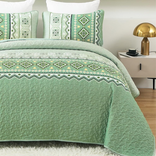 Boho Aztec Sage Green Reversible 3 Piece Quilt Set
