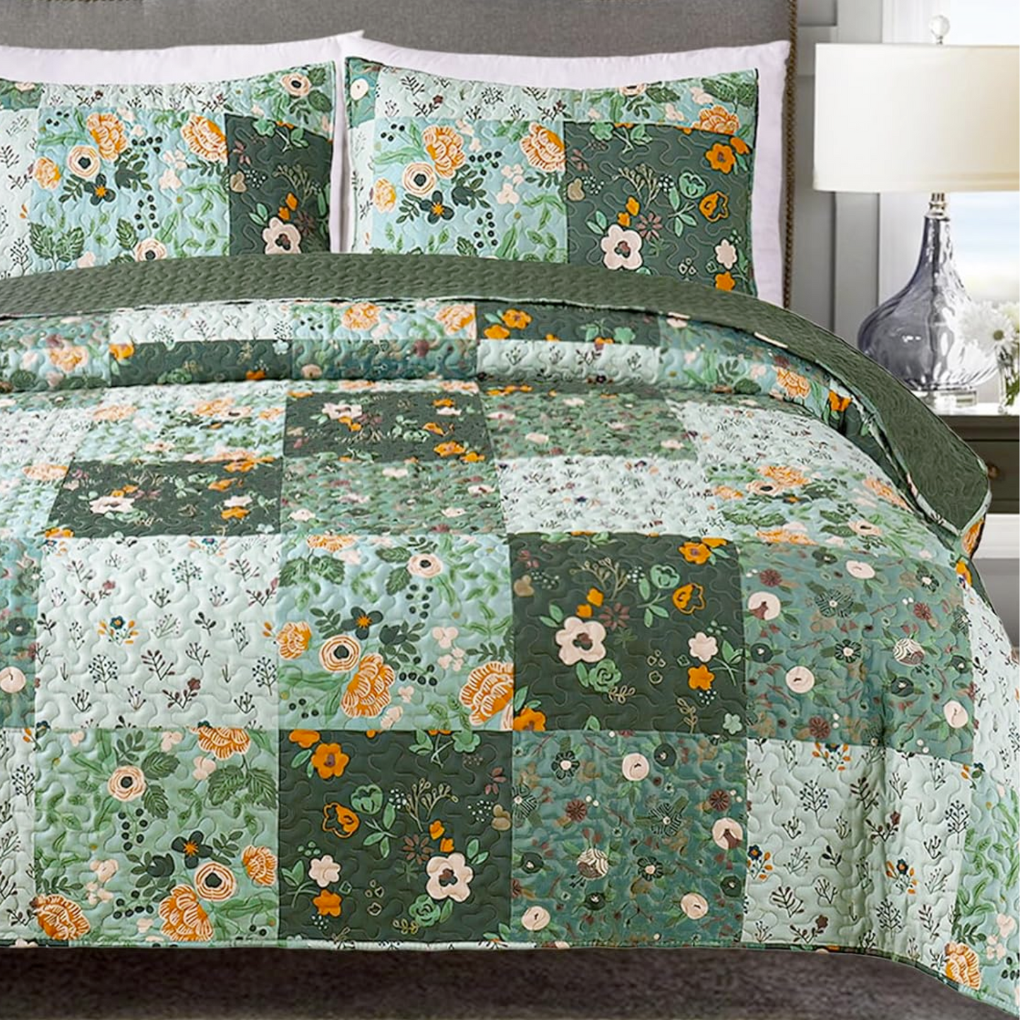 Green Floral Patchwork 3 Piece Bedding Quilt Set