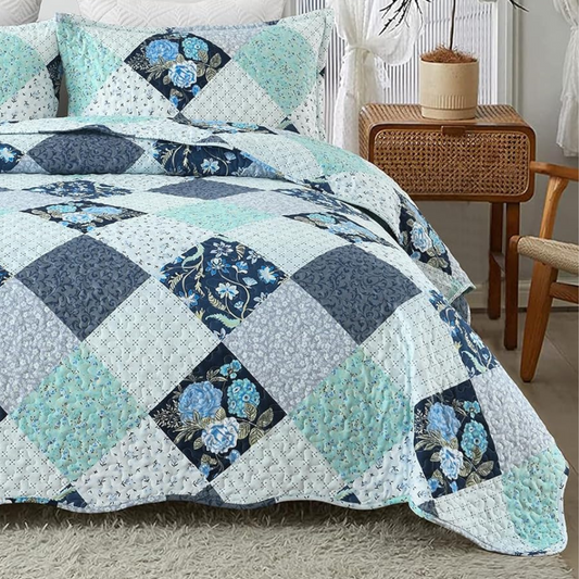 Blue & Green Floral Patchwork 3 Piece Bedding Quilt Set