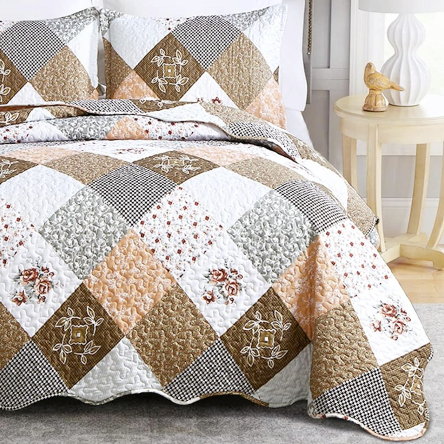 Ensemble de literie 3 pièces patchwork floral marron