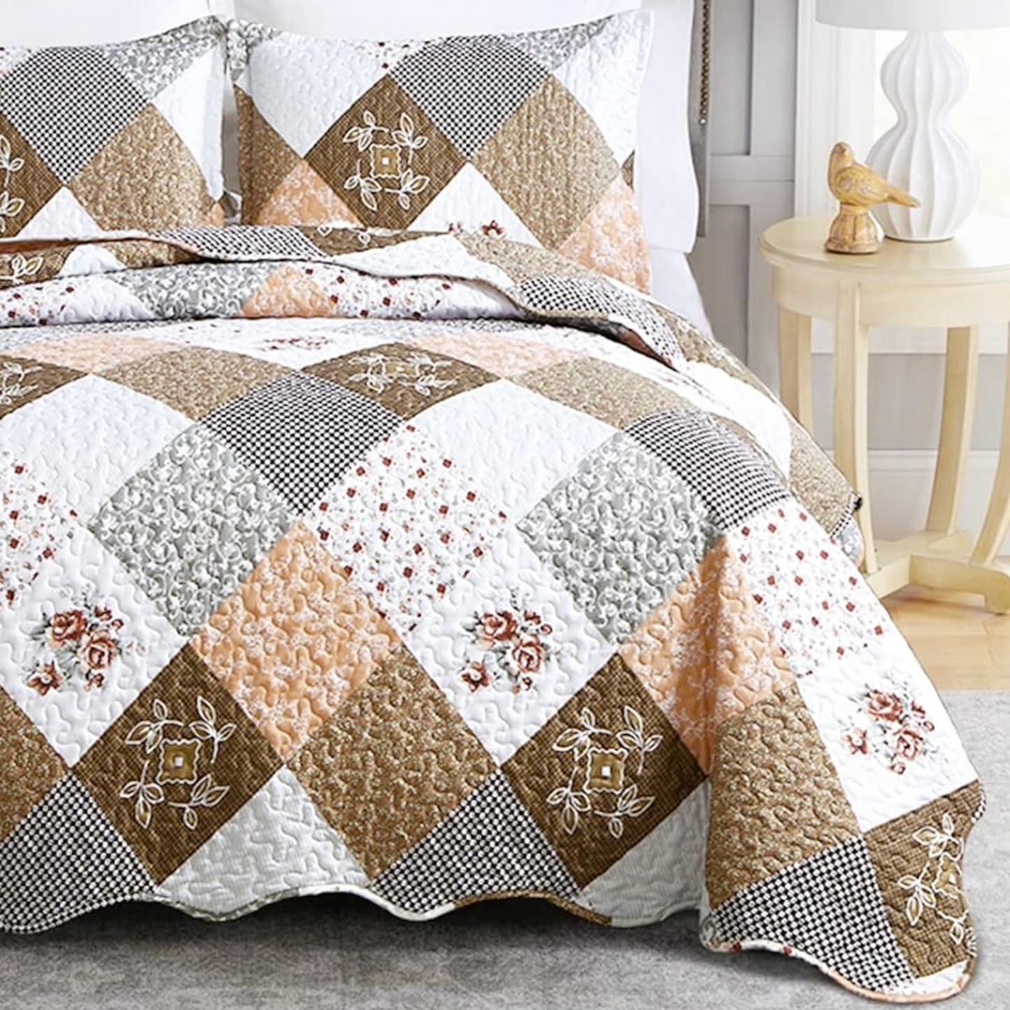 Brown Floral Patchwork 3 Piece Bedding Quilt Set