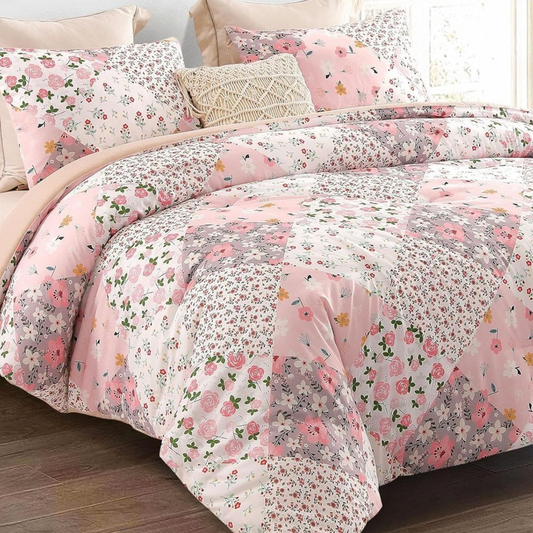 Pink Floral Patchwork 3 Piece Comforter Set