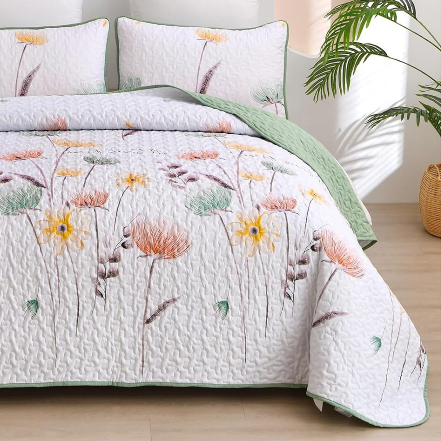 Sage Green Floral 3 Piece Bedding Quilt Set