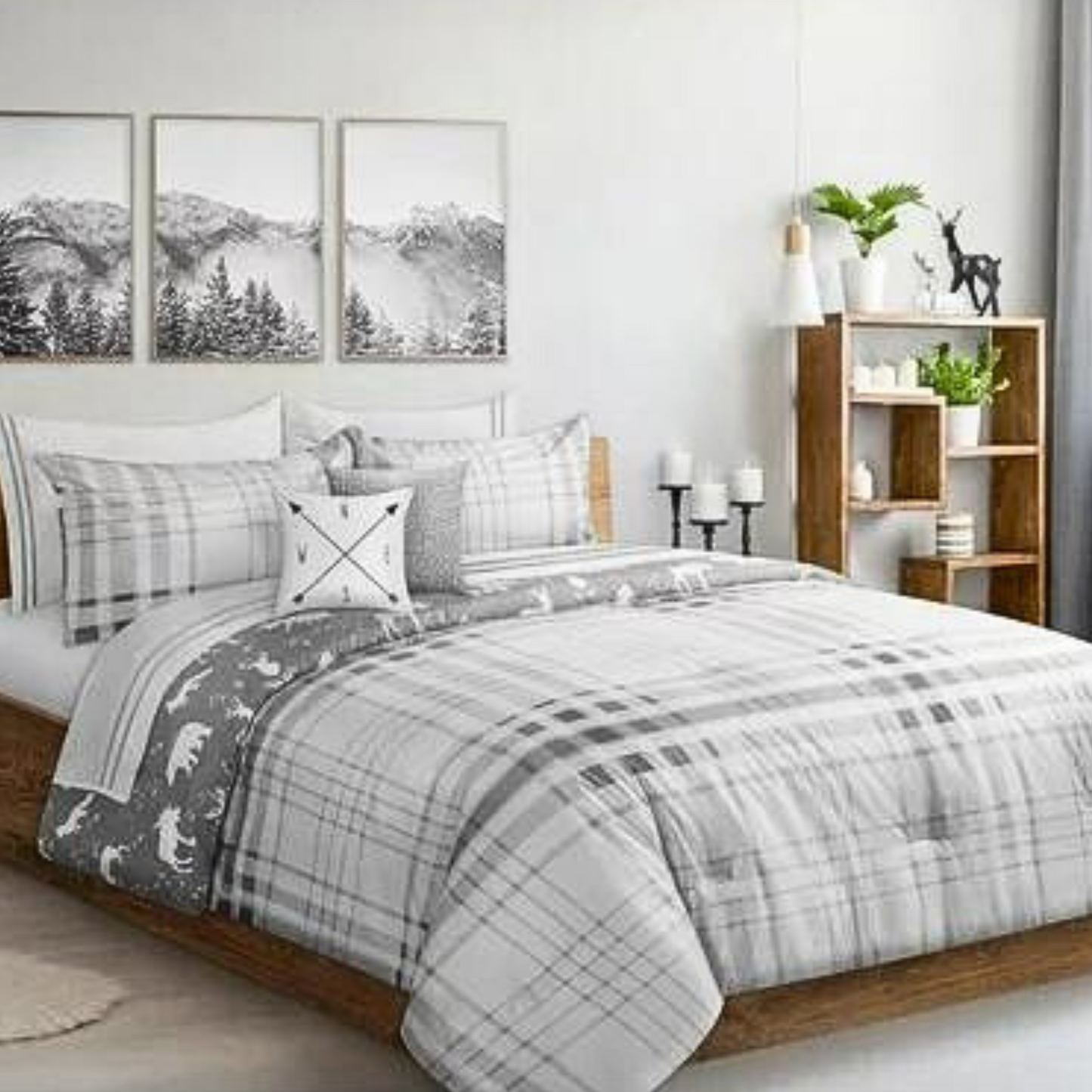 Grey Wildlife Plaid 3 Piece Comforter Set