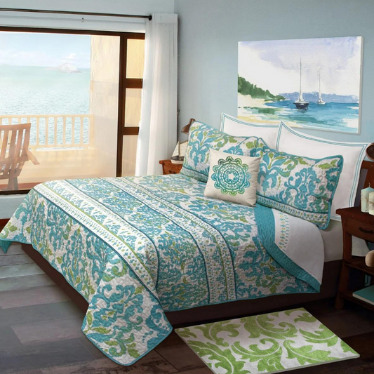 Moroccan Aqua & Green Reversible 3 Piece Bedding Quilt Set
