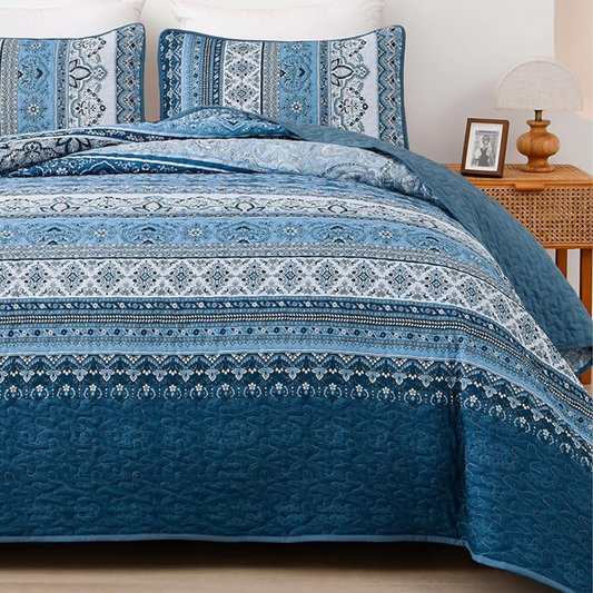 Bohemian Blue Reversible 3 Piece Bedding Quilt Set