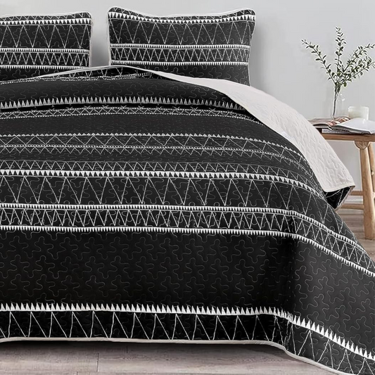 Boho Aztec Black & White Reversible 3 Piece Bedding Quilt Set