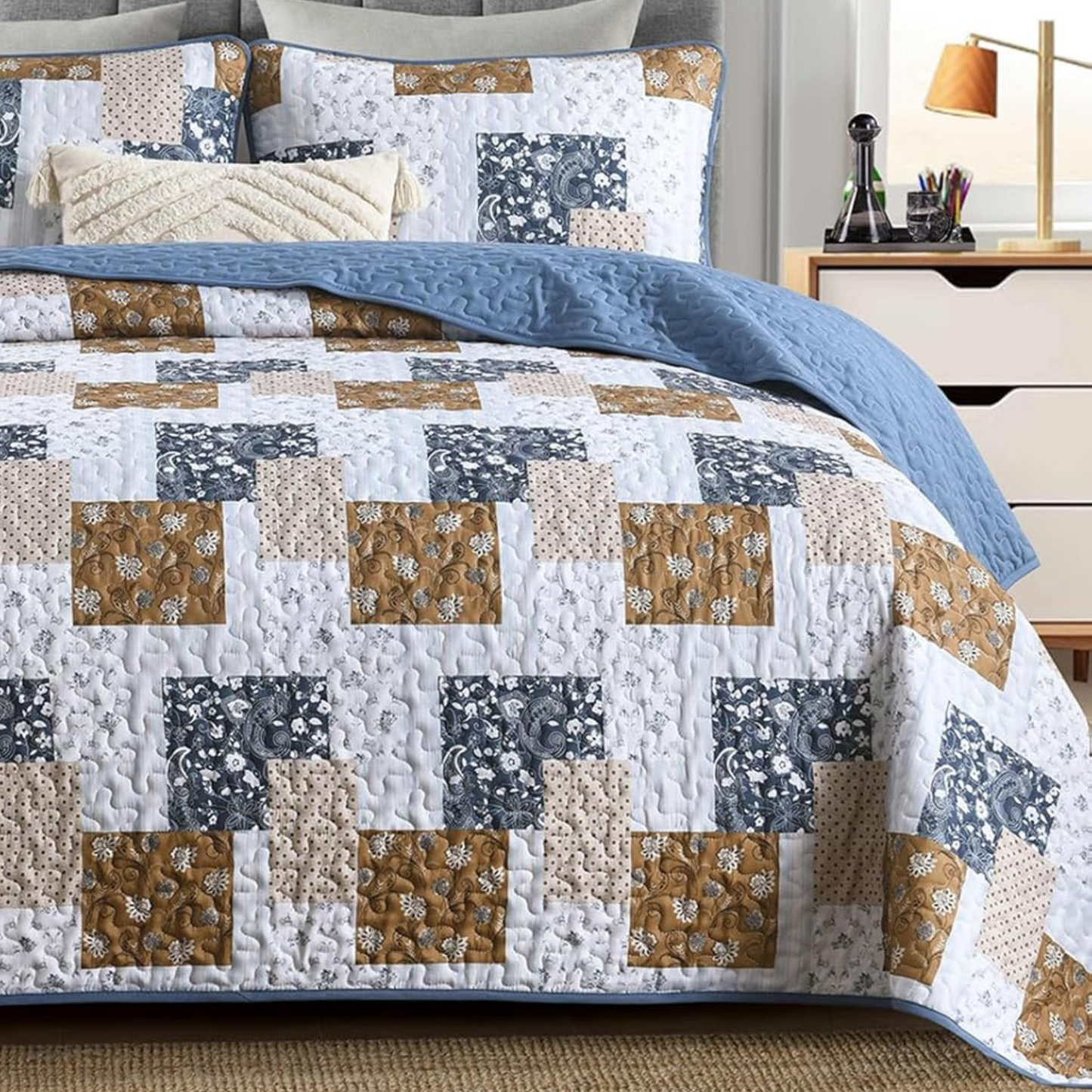 Blue & Brown Floral Paisley Patchwork 3 Piece Bedding Quilt Set