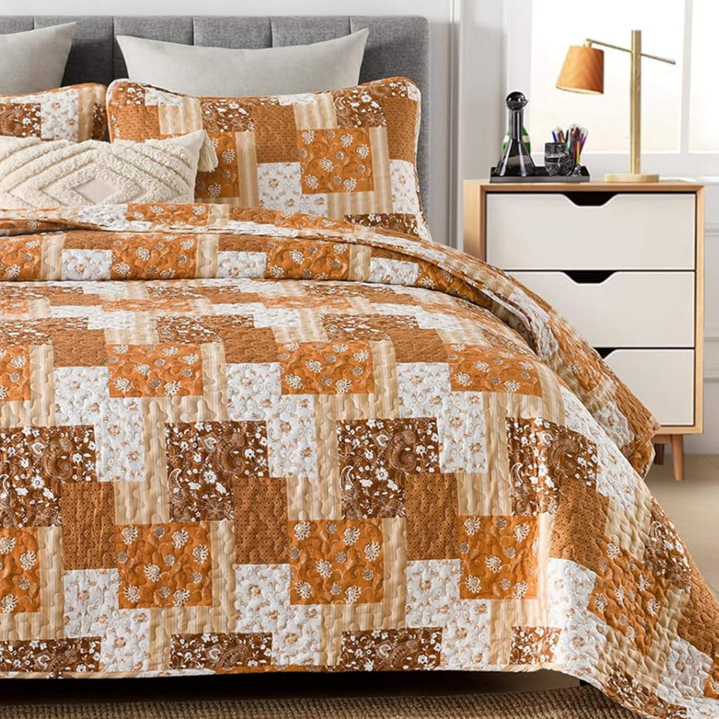Brown Floral Paisley Patchwork 3 Piece Bedding Quilt Set