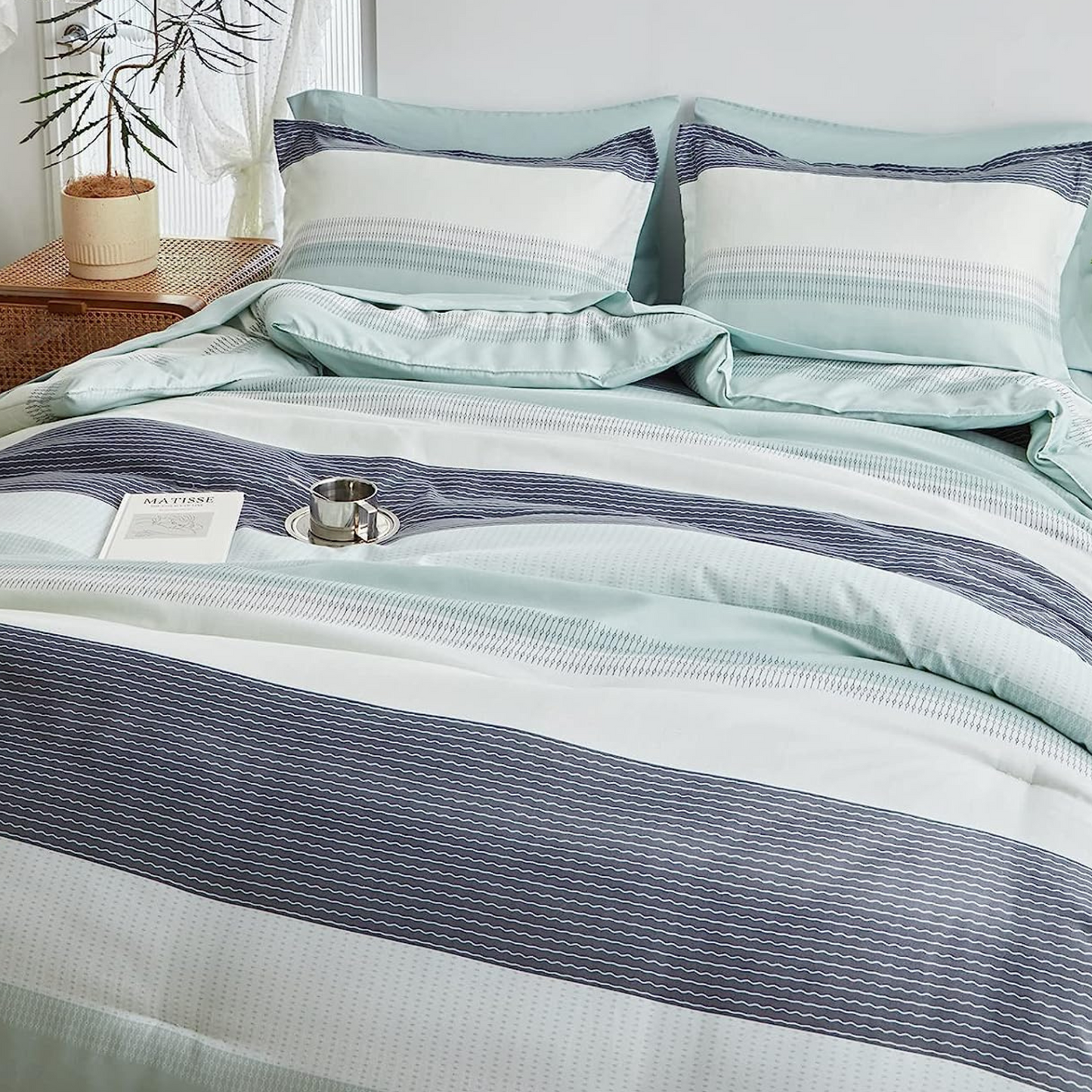 Boho Striped Grey/Green/White 7 Piece Comforter Set