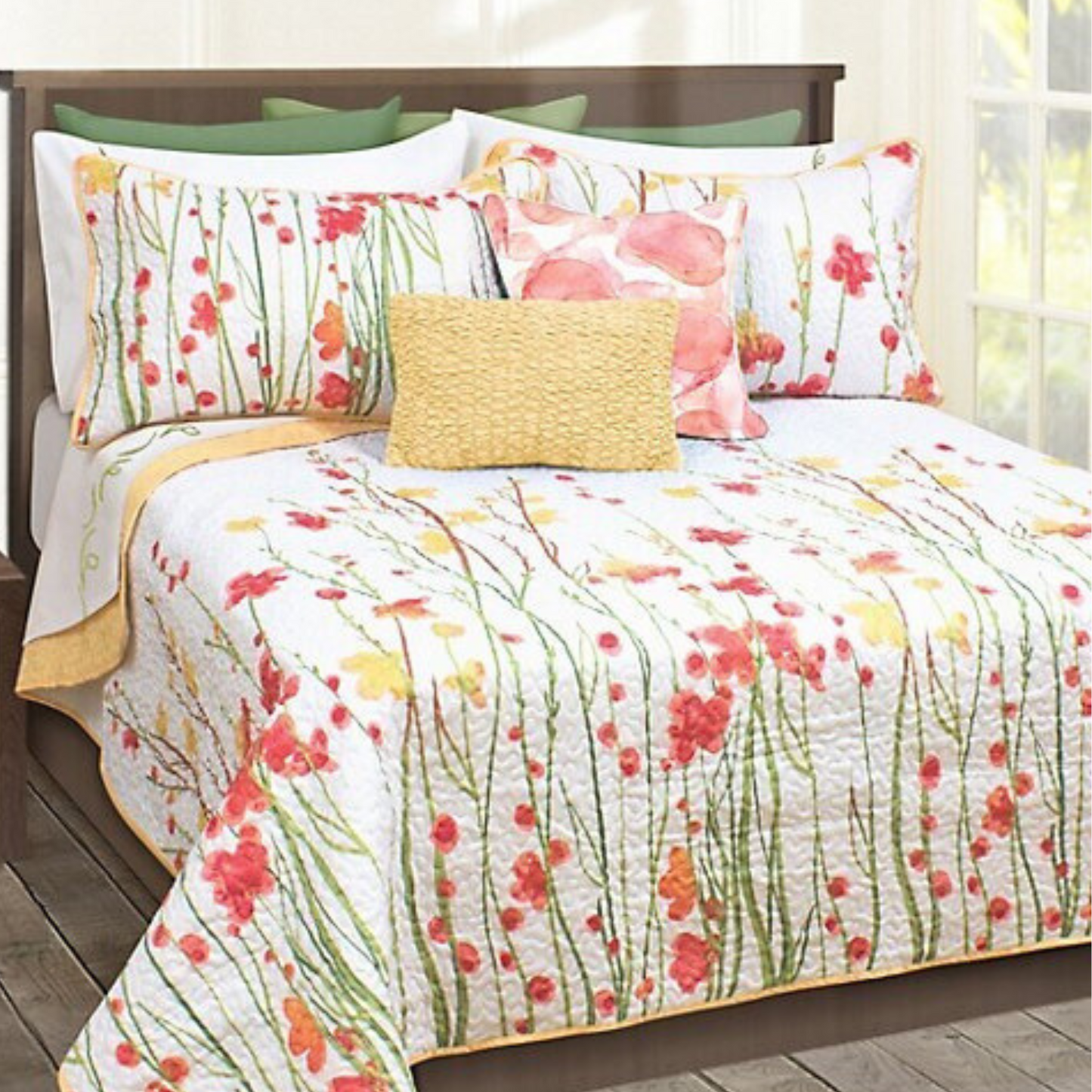 Lush Yellow & Pink Floral 3 Piece Bedding Quilt Set