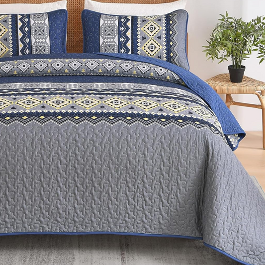 Boho Aztec Navy & Grey Reversible 3 Piece Quilt Set
