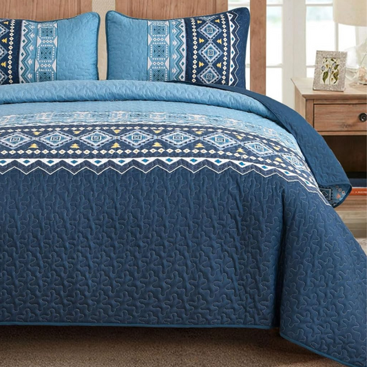 Boho Aztec Blue Reversible 3 Piece Quilt Set