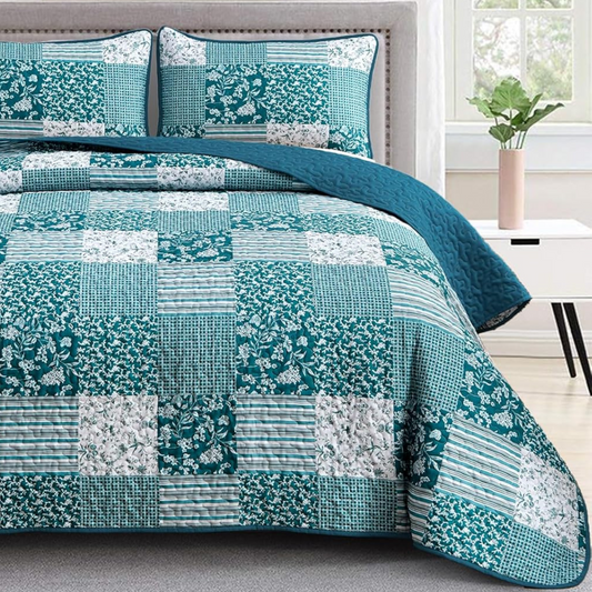 Teal Floral Paisley Patchwork 3 Piece Bedding Quilt Set
