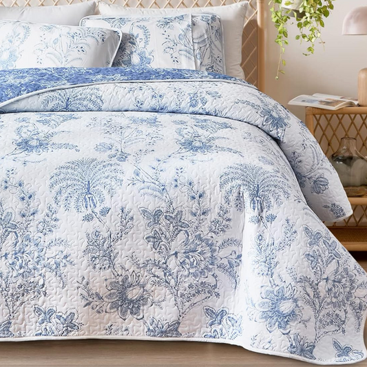 Botanical Blue & White Floral Reversible 3 Piece Bedding Quilt Set