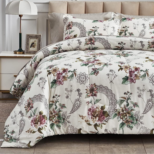 Botanical Pink & Beige Floral 7 Piece Comforter Set