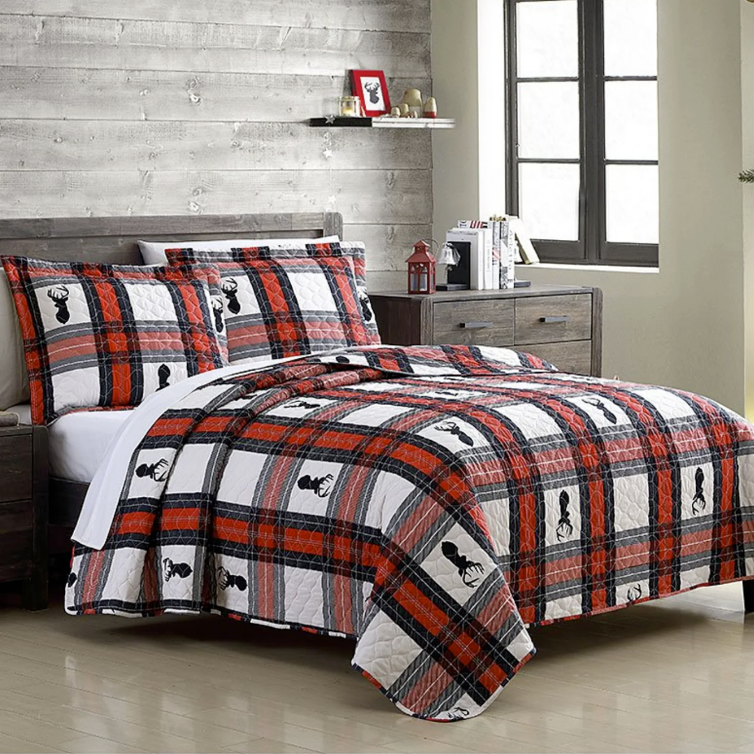 Country Plaid Deer 3 Piece Bedding Quilt Set